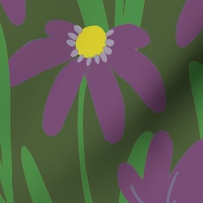 Large Meadow Floral - Purple on cactus green painterly flowers - artistic brush stroke daisy