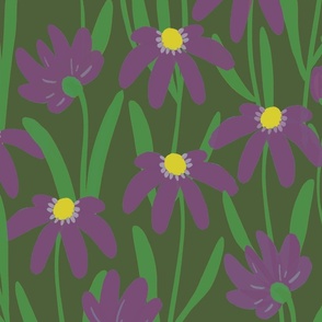 Large Meadow Floral - Purple on cactus green painterly flowers - artistic brush stroke daisy