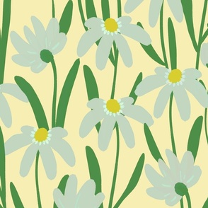 Large Meadow Floral - Pastel and Kelly green on butter light yellow painterly flowers - artistic brush stroke daisy