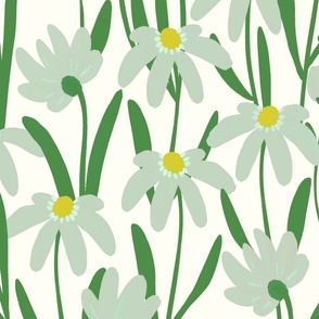 Large Meadow Floral - Pastel and Kelly green on natural white painterly flowers - artistic brush stroke daisy - large wallpaper / bedding size 