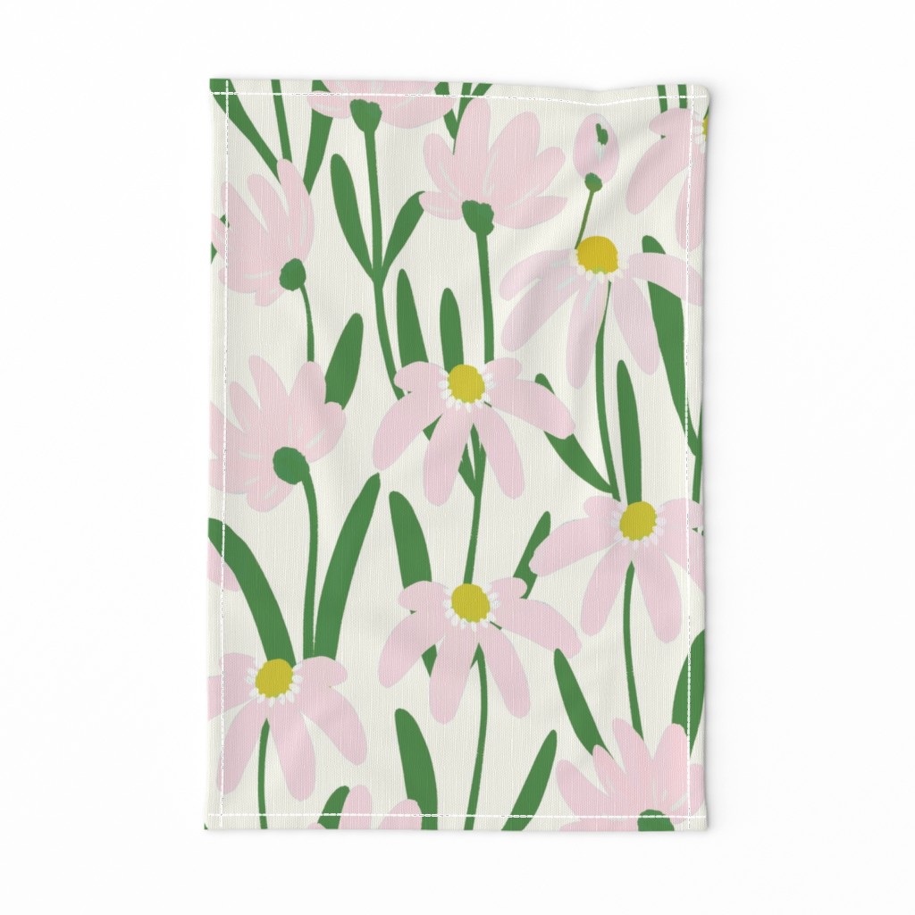 Large Meadow Floral - Light pink and Kelly green on natural white painterly flowers - artistic brush stroke daisy