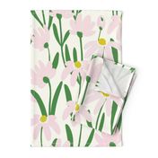 Large Meadow Floral - Light pink and Kelly green on natural white painterly flowers - artistic brush stroke daisy