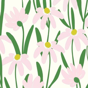 Large Meadow Floral - Light pink and Kelly green on natural white painterly flowers - artistic brush stroke daisy