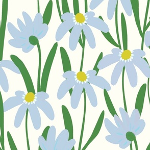 Large Meadow Floral - Fog Light Blue and Kelly green on natural white painterly flowers - artistic brush stroke daisy