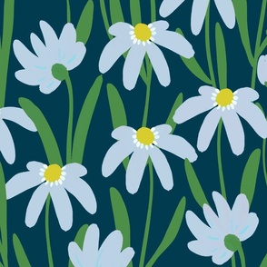 Large Meadow Floral - Fog Light Blue and Kelly green  on Prussian Blue painterly flowers - artistic brush stroke daisy