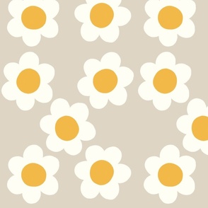 Large Flower power daisy - white and yellow flowers on Chalk dirty white - 60s  70s floral - groovy retro vintage inspired fabric  wallpaper