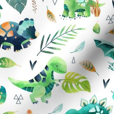 Dinosaurs – Dinosaur Fabric, Baby Boy Fabric, Dinosaur Bedding, Nursery Design Teal Blue Green Dinos (large, white)