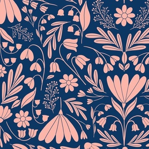 Whimsical Floral Pattern Featuring Salmon Pink Flowers such as Bellflowers, Lily of the valley, Snowdrops, Leaves, Chrysanthemum on Midnight Blue Background Versatile Non-Directional Pattern JUMBO SIZE