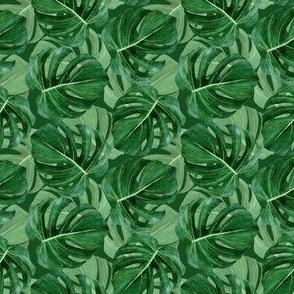 Small Dark Green Watercolor Monstera Leaves 3x3 in Repeat