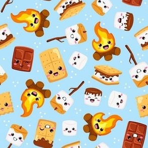 Large Scale I Love You S'More! Summer Campfire Kawaii Face Smores on Blue