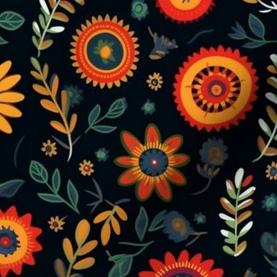 primitive folk art pattern flowers in orange and yellow