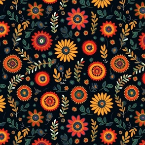 primitive folk art pattern flowers in orange and yellow