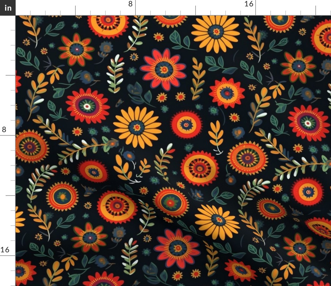 primitive folk art pattern flowers in orange and yellow