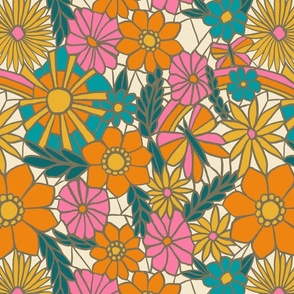 Broken pottery mosaic floral retro colours pink orange teal mustard 