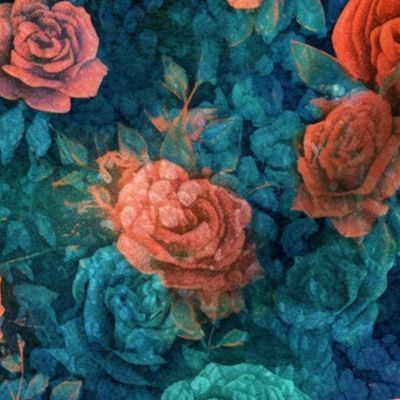 batik roses in blue and orange and red