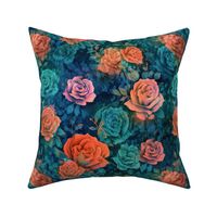 batik roses in blue and orange and red