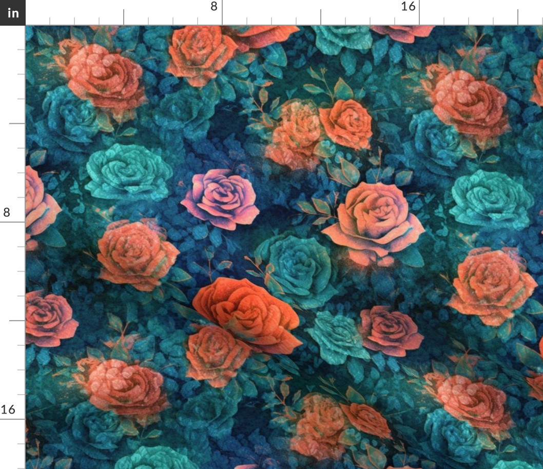 batik roses in blue and orange and red