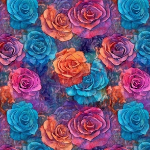 roses batik in blue and orange and red
