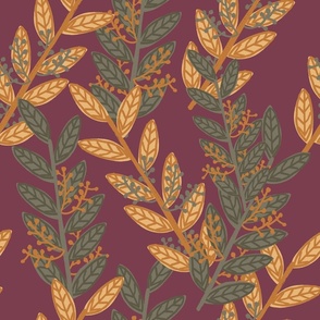 Green Burgundy and Yellow Foliage Leaves Zig Zag pattern Bedding Collection