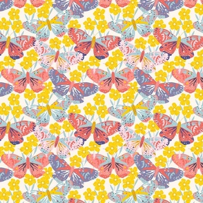 Butterflies & Yellow Buttercups on Ivory Background // Small //