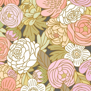 Boho Buttercups Retro Floral Pastel Fall on Charcoal