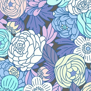 Boho Buttercups Retro Floral Blue and Purple on Charcoal