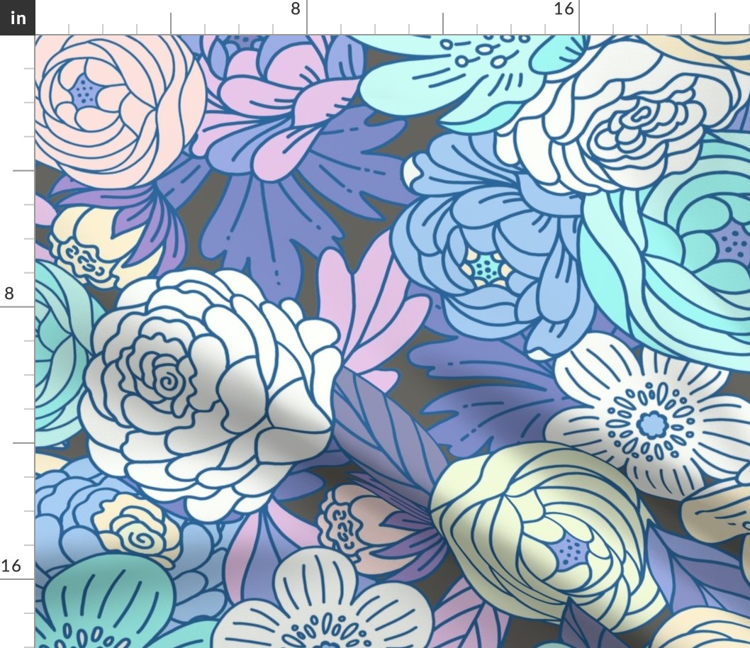 Boho Buttercups Retro Floral Blue and Purple on Charcoal