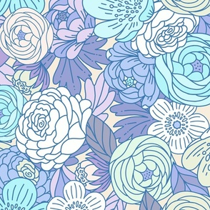 Boho Buttercups Retro Floral Blue and Purple