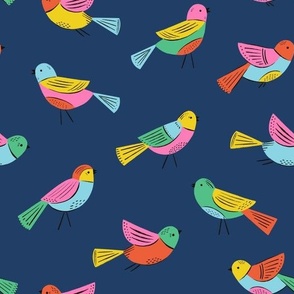 Little Birds Multi-colored on Navy Blue