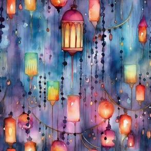 Fantasy Magical Glowing Rainbow Lanterns in Colorful Watercolor