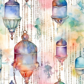 Fantasy Magical Glowing Pastel Lanterns in Soft Cloudy Watercolor