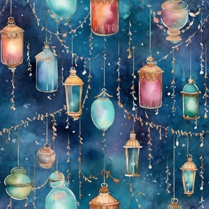 Fantasy Magical Glowing Rainbow Lanterns in Blue Fairy Watercolor