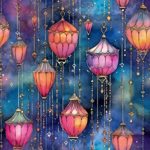 Fantasy Magical Glowing Pink Lanterns in Vibrant Blue Watercolor