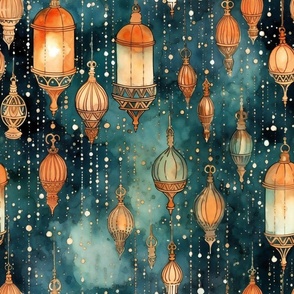 Fantasy Magical Glowing Fairy Lights and Lanterns in Green Watercolor