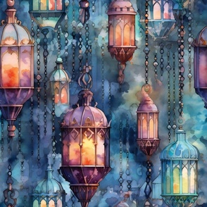 Fantasy Magical Glowing Ornate Lanterns in Misty Blue Watercolor