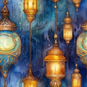 Fantasy Magical Glowing Lanterns in Golden Blue Watercolor