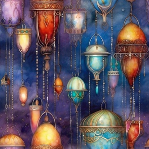 Fantasy Magical Glowing Unique Lamps in Deep Blue Watercolor