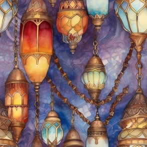 Fantasy Magical Glowing Colorful Lamps in Soft Lavender Watercolor