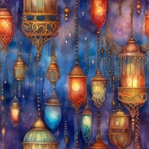 Fantasy Magical Glowing Multicolor Lanterns in Dreamy Blue Watercolor