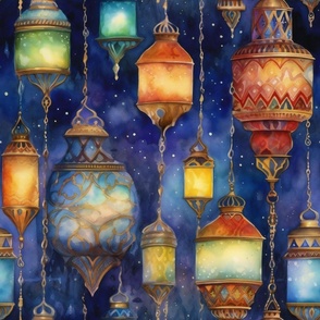 Fantasy Magical Glowing Colorful Lamps in Dreamy Starry Watercolor