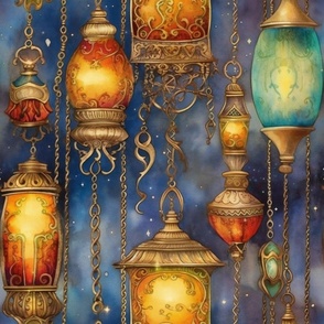 Fantasy Magical Glowing Ornate Lamps in Dreamy Starry Watercolor