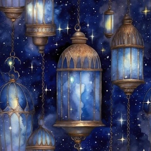 Fantasy Magical Glowing Dreamy Lanterns in a Starry Watercolor Sky