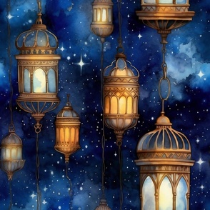 Fantasy Magical Glowing Lanterns in a Starry Watercolor Sky