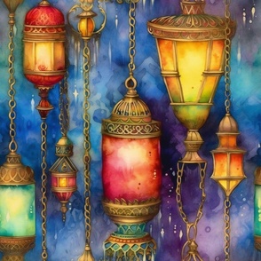 Fantasy Magical Glowing Rainbow Lamps in Soft Misty Watercolor