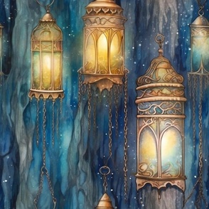 Fantasy Magical Glowing Lanterns in Soft Cavern Watercolor Blue