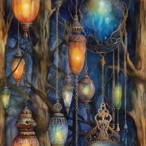 Fantasy Magical Glowing Lamps in Nature Forest Tree Watercolor