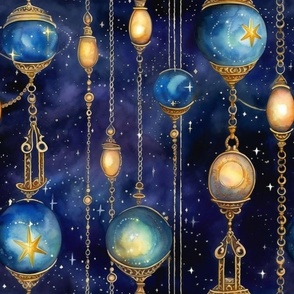 Fantasy Magical Glowing Planetary Orbs in Starry Space Watercolor