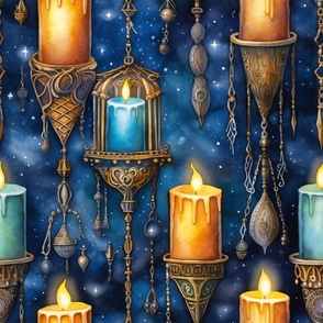 Fantasy Magical Glowing Candles in a Starry Watercolor Sky