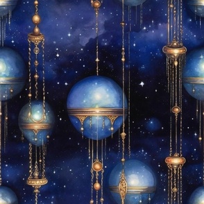 Fantasy Magical Glowing Planetary Orbs in a Starry Watercolor Sky