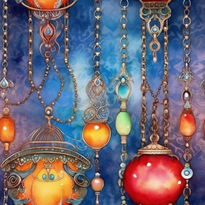 Fantasy Magical Glowing Orbs Lamps in Dreamy Blue Watercolor